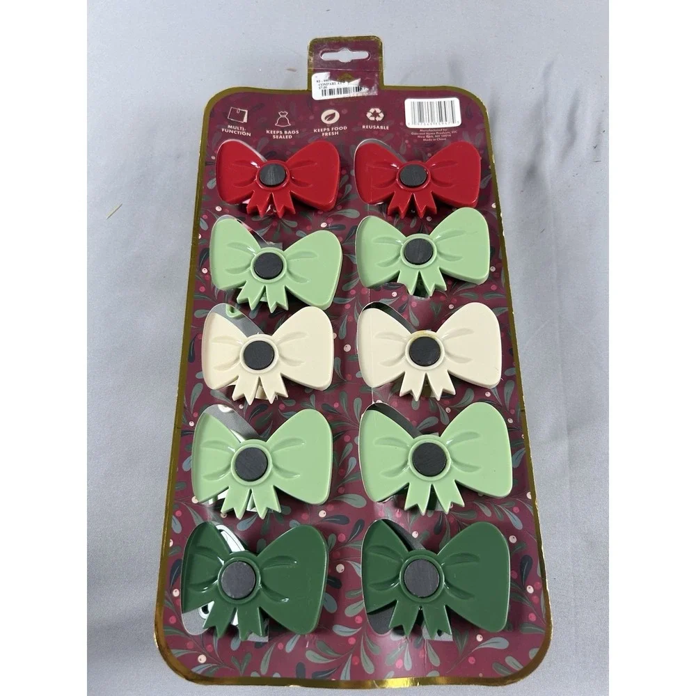 10pc Christmas Bow Bag Clips Magnetic Food Sealing Clips Holiday Kitchen Set New